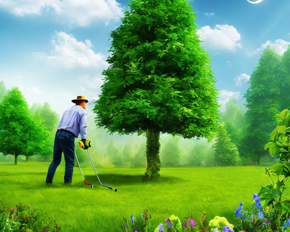 Person mowing lawn in vibrant garden with lush green trees and colorful flowers under clear sky crescent moon