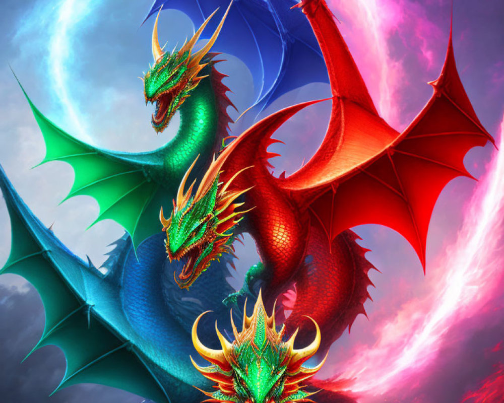 Vibrant blue and red dragons with crescent moons in colorful sky