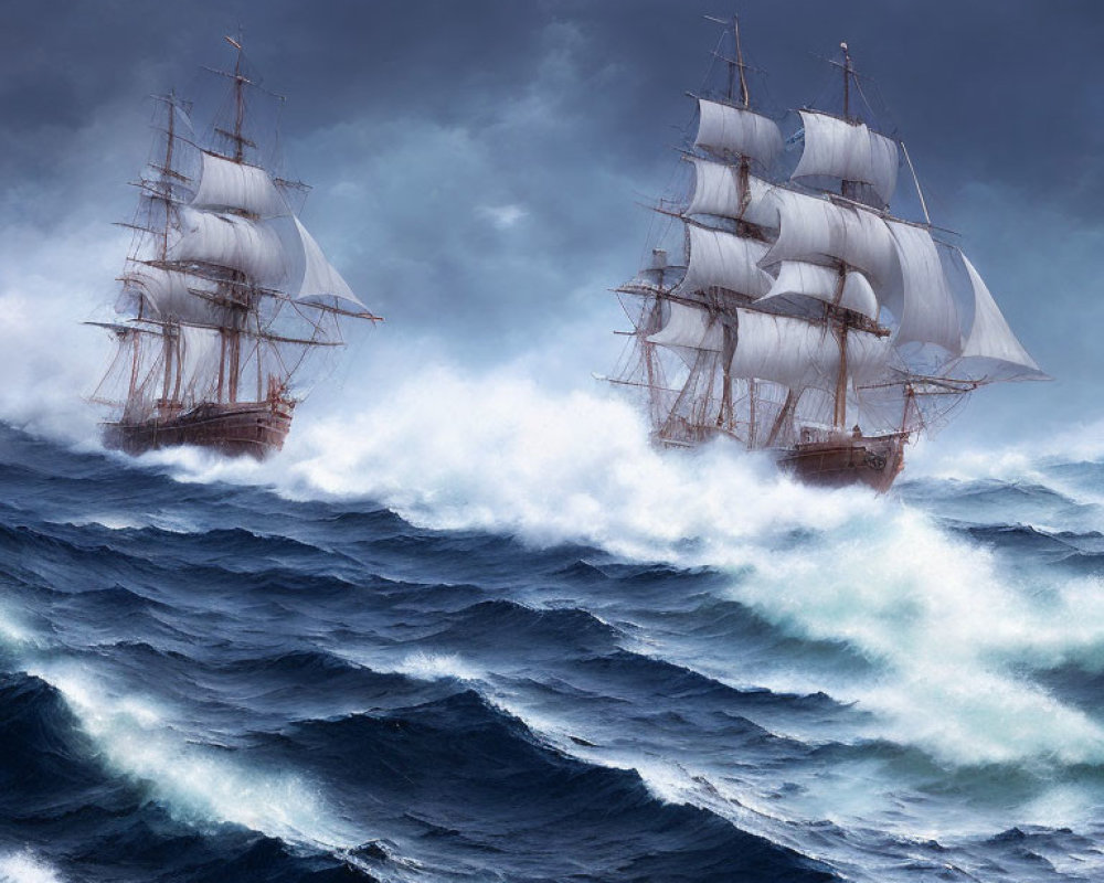 Majestic sailing ships on tumultuous ocean waves.