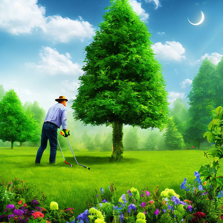 Person mowing lawn in vibrant garden with lush green trees and colorful flowers under clear sky crescent moon
