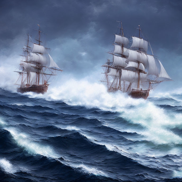 Majestic sailing ships on tumultuous ocean waves.