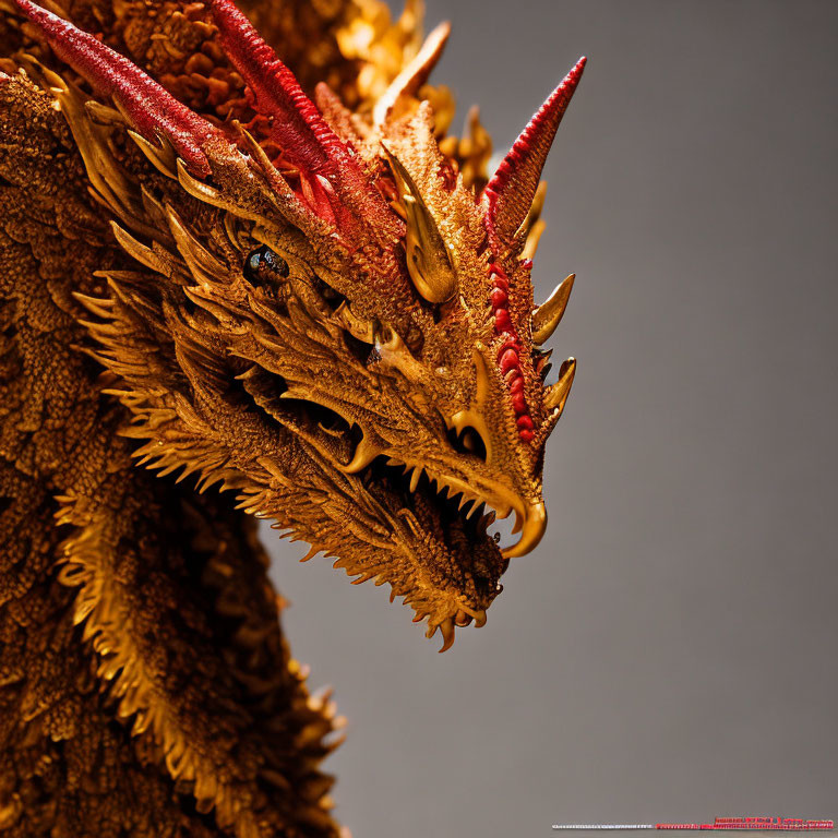 Detailed Close-Up of Dragon Figurine with Intricate Scales and Red Horns
