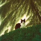Black and white cat on textured surface with shimmering golden light particles