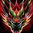 Vibrant dragon head digital illustration with red eyes and flames on dark background
