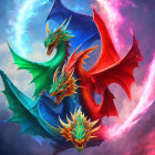 Vibrant blue and red dragons with crescent moons in colorful sky