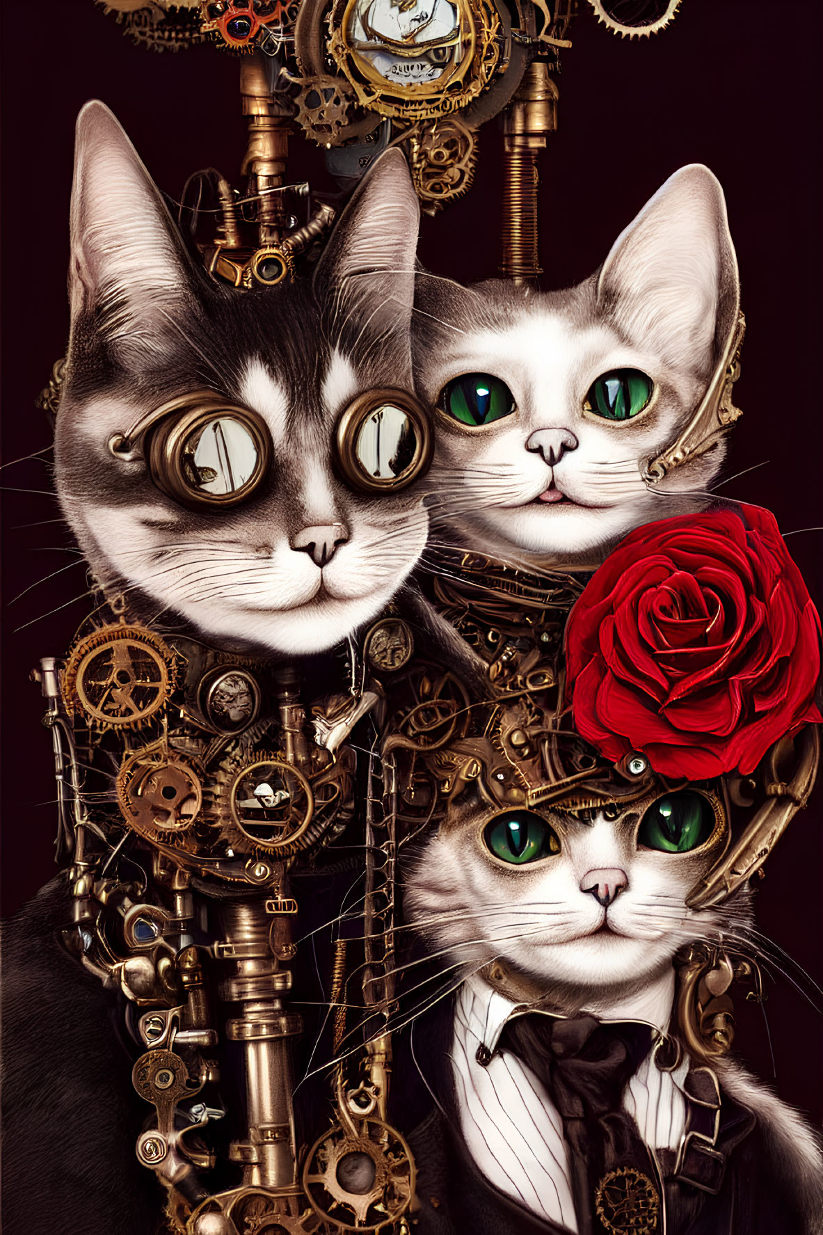 Three Steampunk Cats in Goggles and Gears on Maroon Background