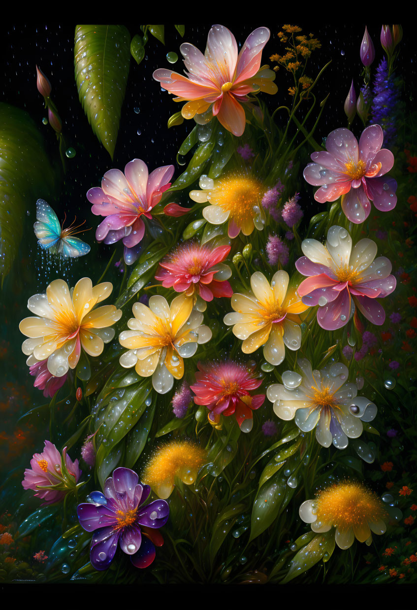 Colorful wet flowers, butterfly, and sparkling droplets under night sky