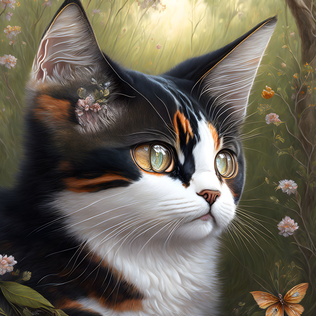 Detailed Illustration of Calico Cat with Golden Eyes Among Wildflowers