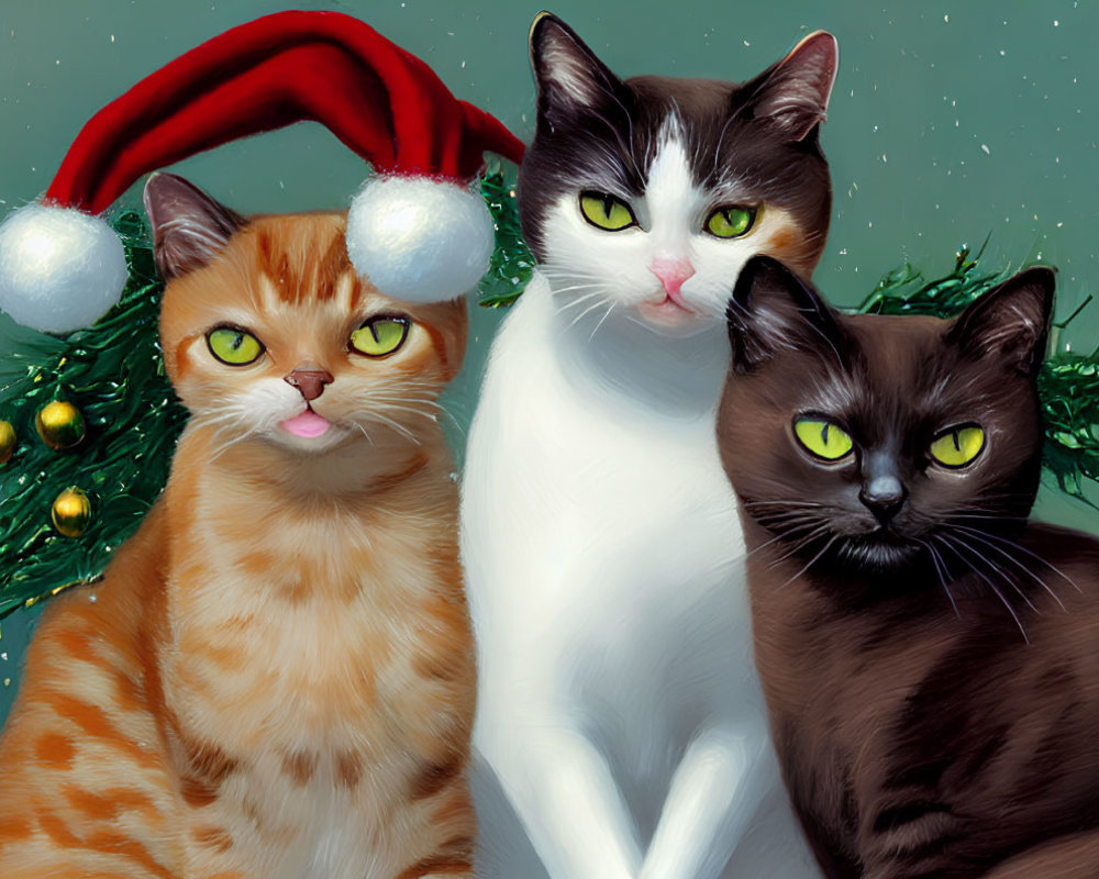 Three Cats with Festive Background: Orange Tabby, Black & White, Black Cat, One in