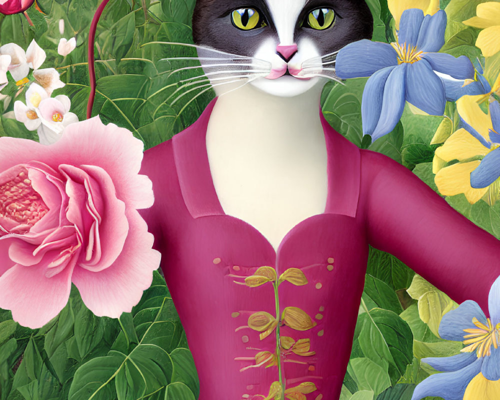 Illustration of cat-human hybrid in pink corset dress among roses