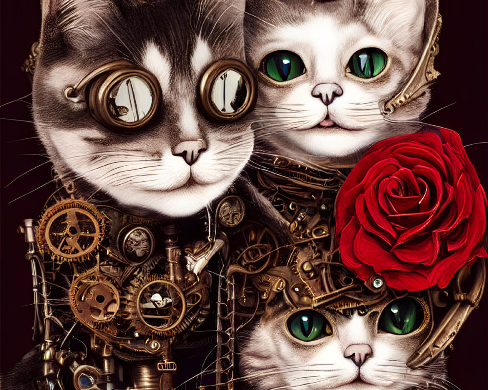 Three Steampunk Cats in Goggles and Gears on Maroon Background