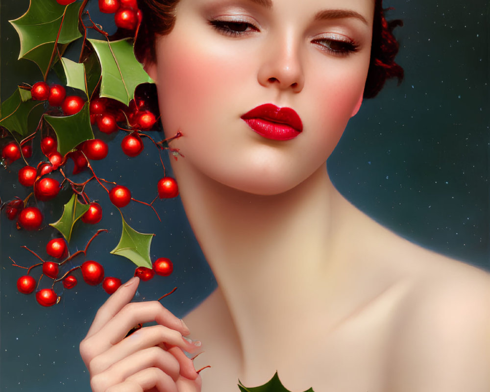 Woman with Holly Wreath and Red Berries in Hair on Starry Background