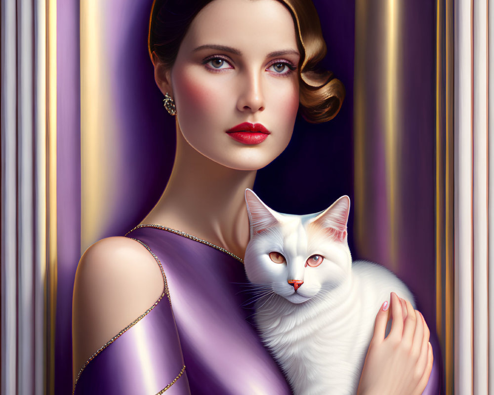 Vintage-inspired woman with white cat in purple dress against striped backdrop