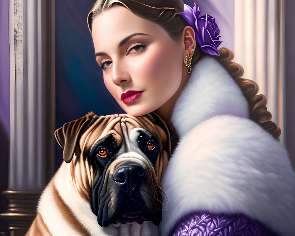 Woman with purple flower in hair and fur wrap seated with brindle mastiff