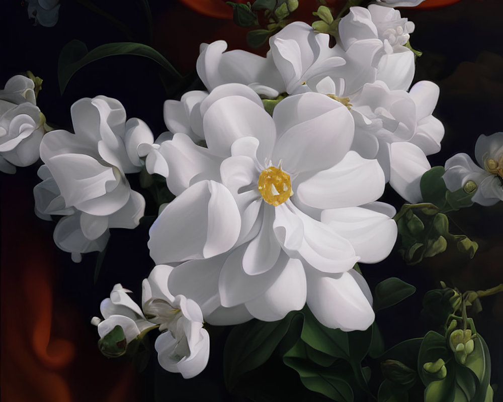 White Flowers Painting with Yellow Center on Dark Background