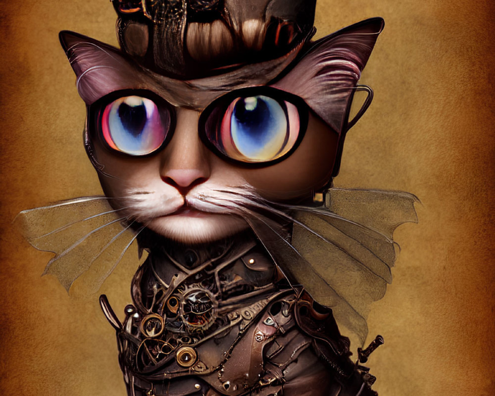 Steampunk-inspired cat illustration with goggles and gear-based armor