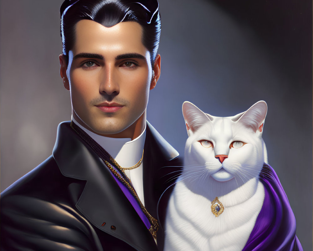 Digital portrait of suave man with slicked-back hair holding majestic white cat with red eyes and purple