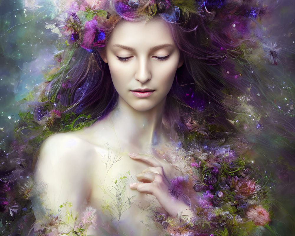 Serene woman with vibrant floral adornment in dreamy cosmic setting