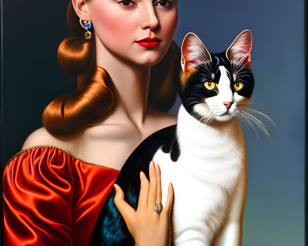 Stylized portrait of woman with vintage hairstyle, wearing red with black and white cat