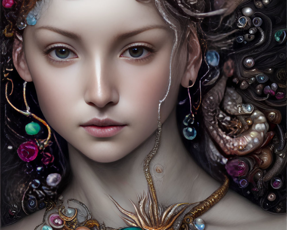 Elaborate fantasy-inspired portrait of a woman with intricate marine-themed headpiece