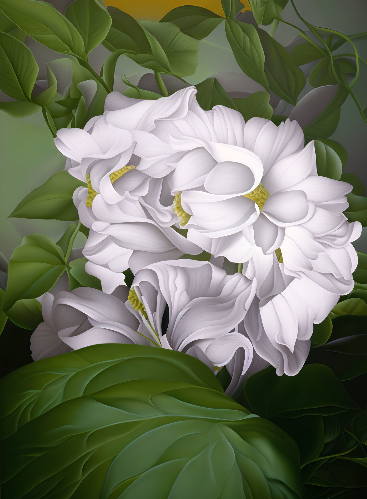 Detailed digital artwork of white magnolia flowers and green leaves.