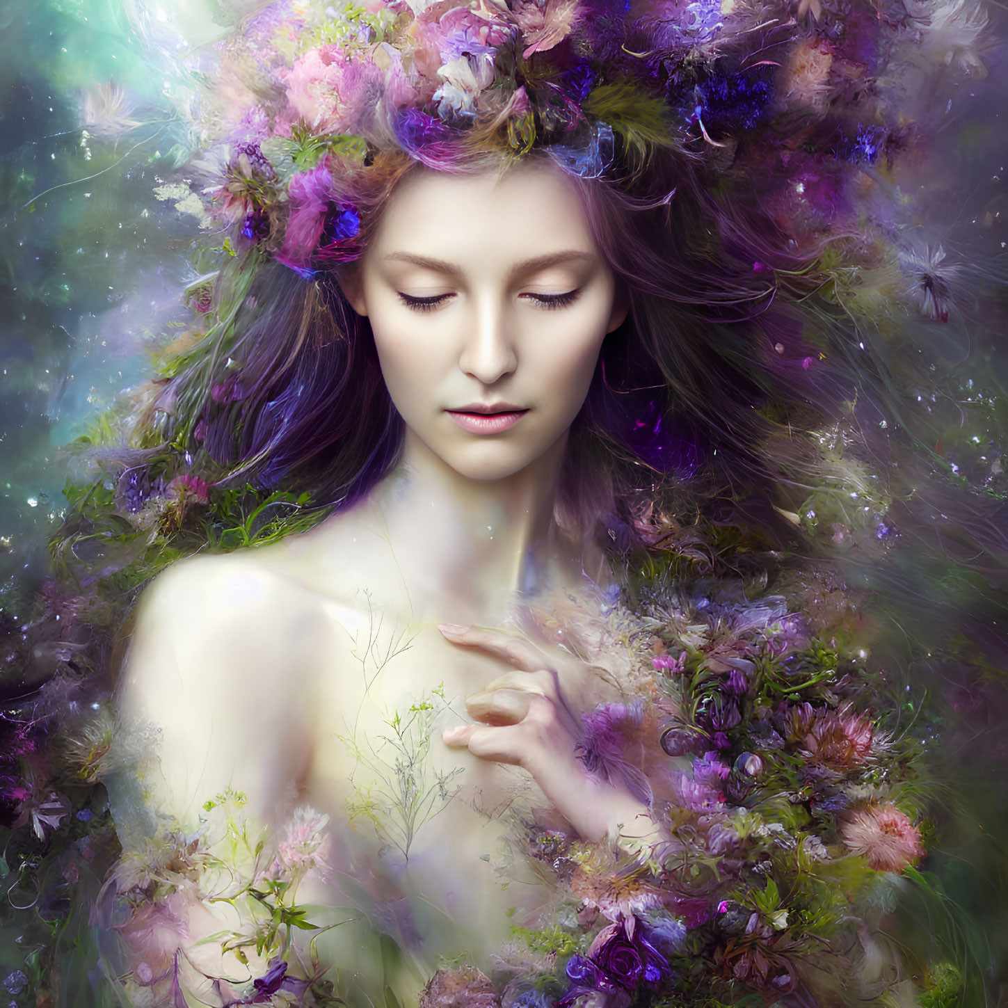 Serene woman with vibrant floral adornment in dreamy cosmic setting