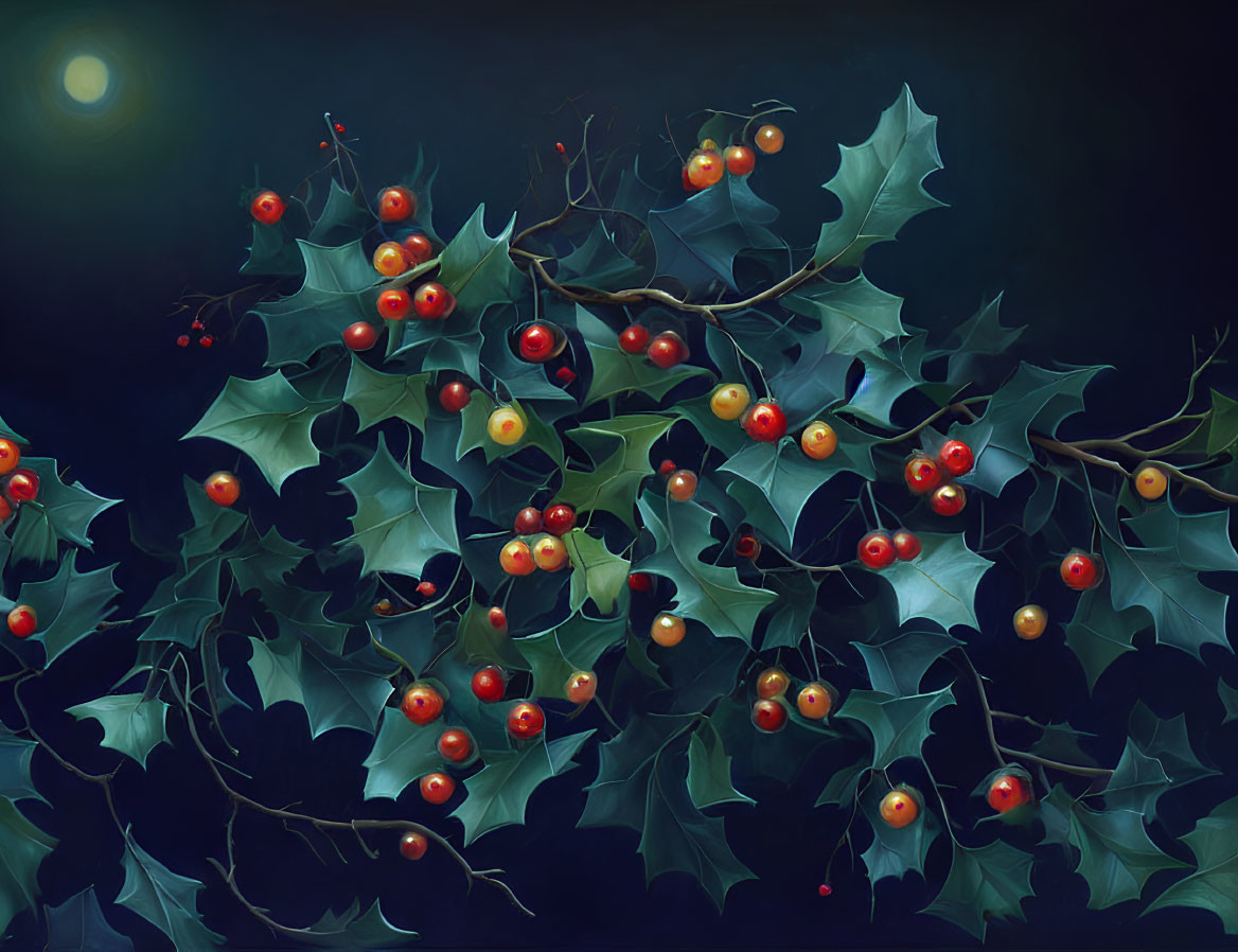 Vibrant holly leaves and bright red berries in dim moonlight