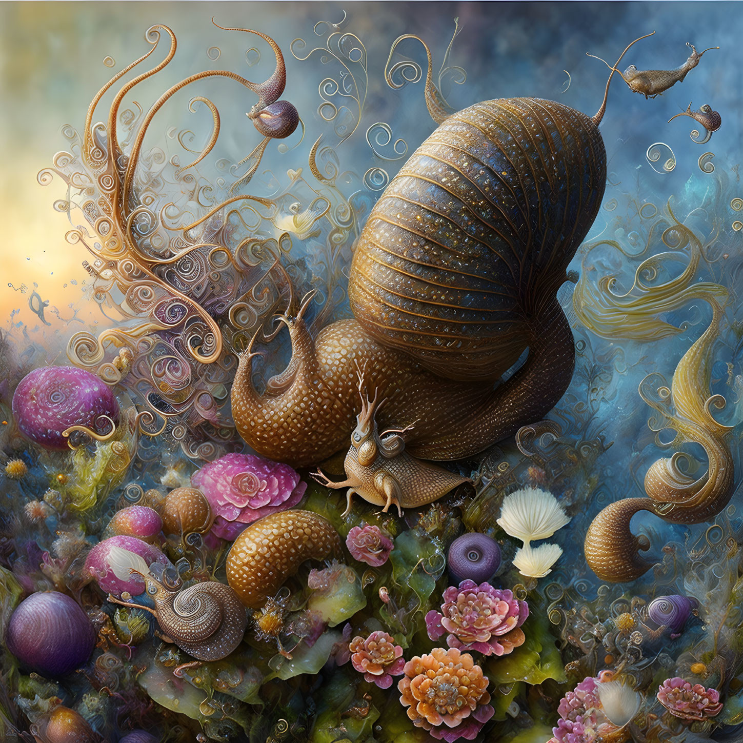 Colorful Snail with Ornate Shell in Whimsical Landscape