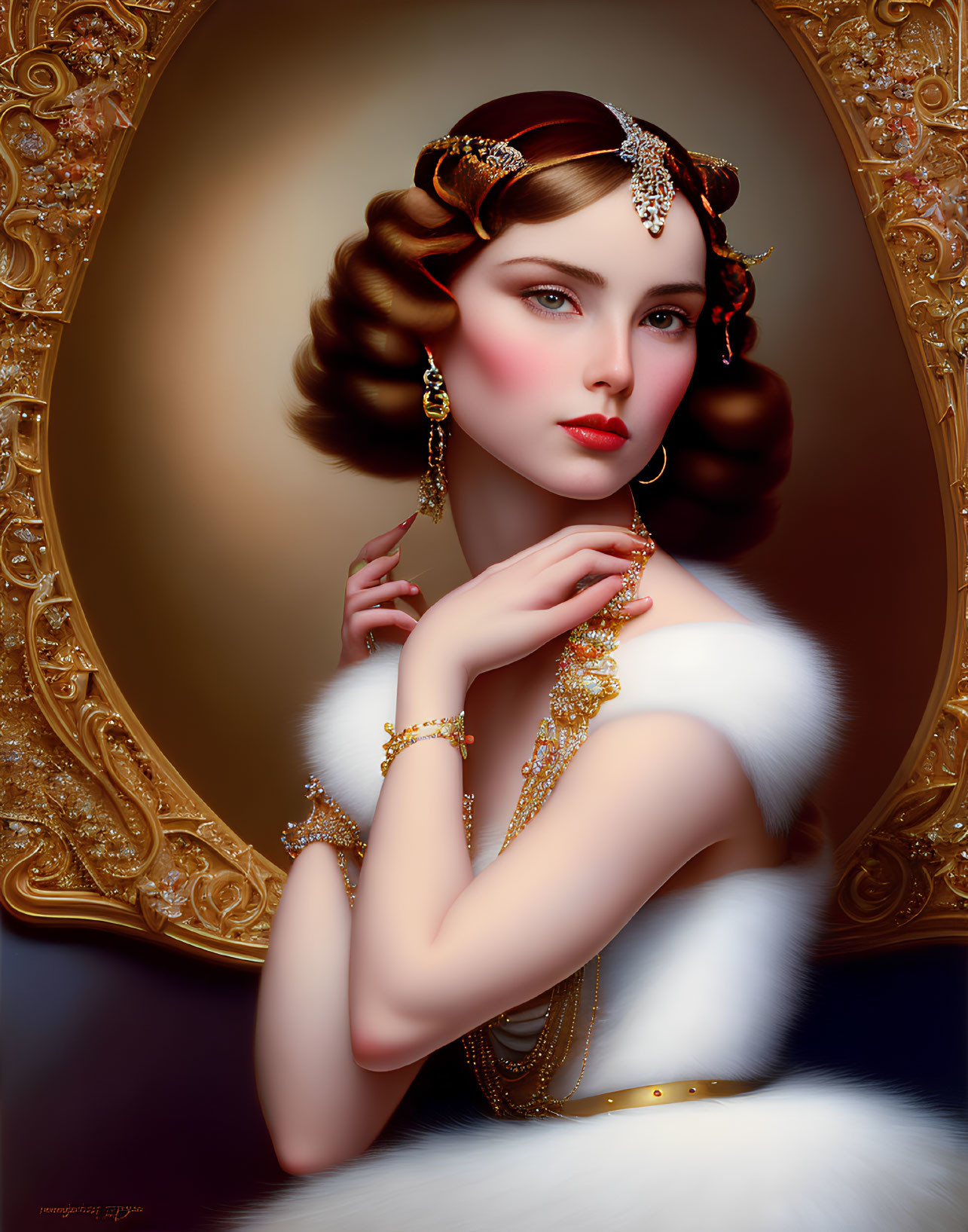 Vintage-inspired portrait of a woman with jeweled headpiece and fur stole