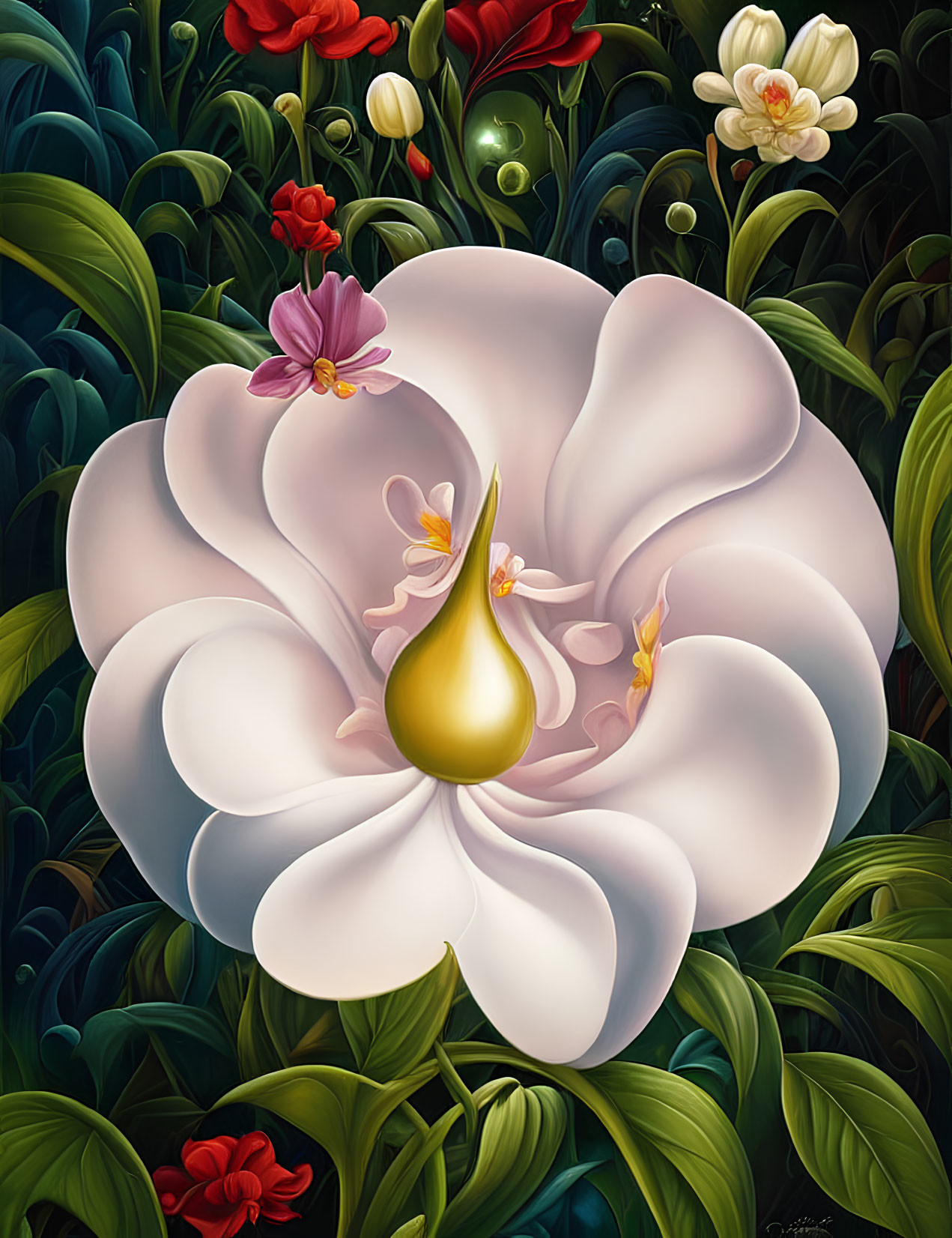 Colorful Surrealist Painting of Large White Flower with Golden Center