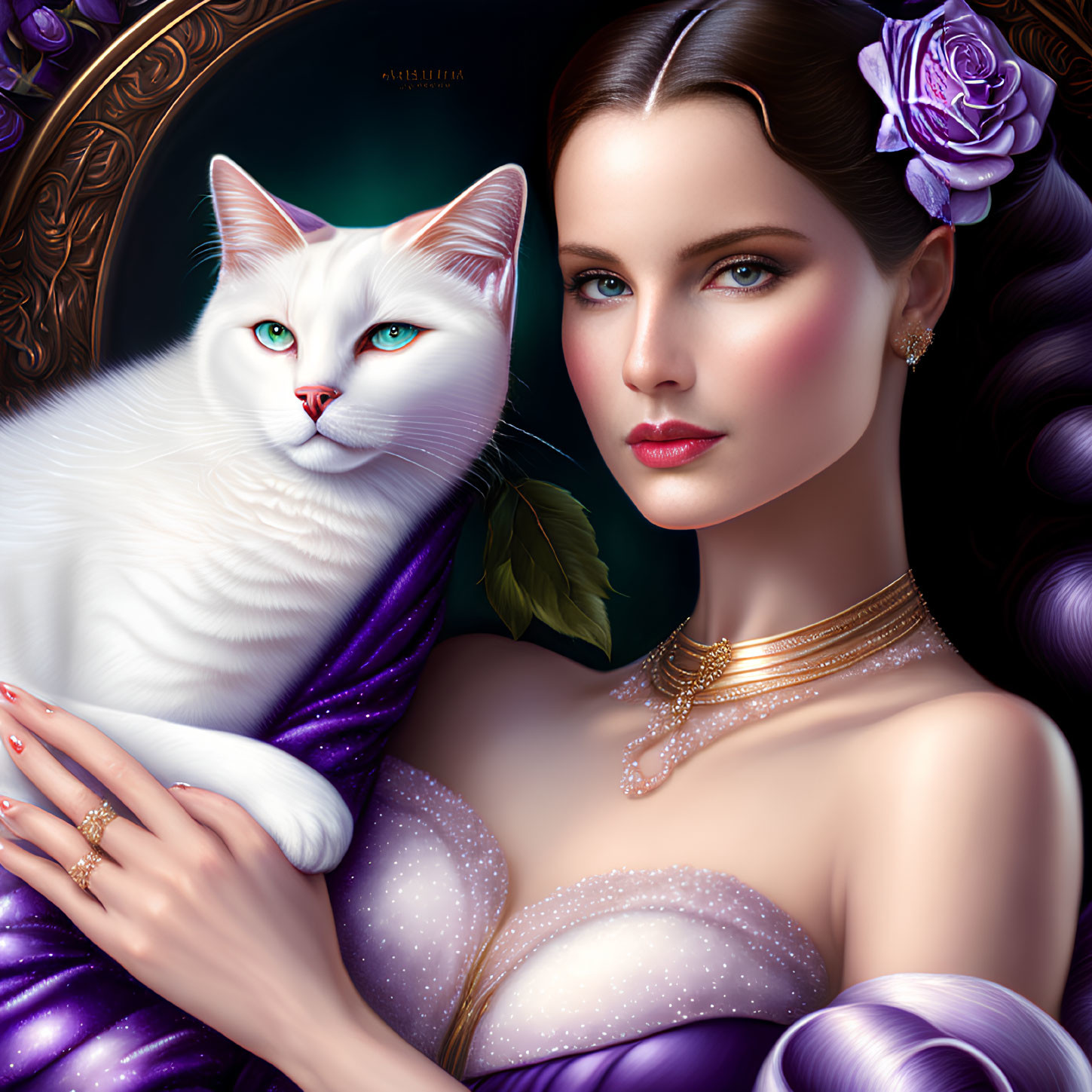 Illustrated woman in purple dress with white cat and blue eyes, gold jewelry, and flower.