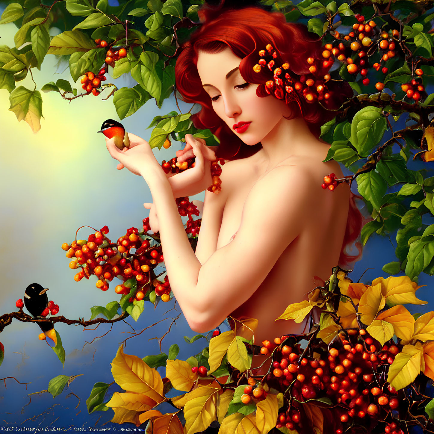 Digital Artwork: Woman with Red Hair, Berries, Birds, Blue Sky