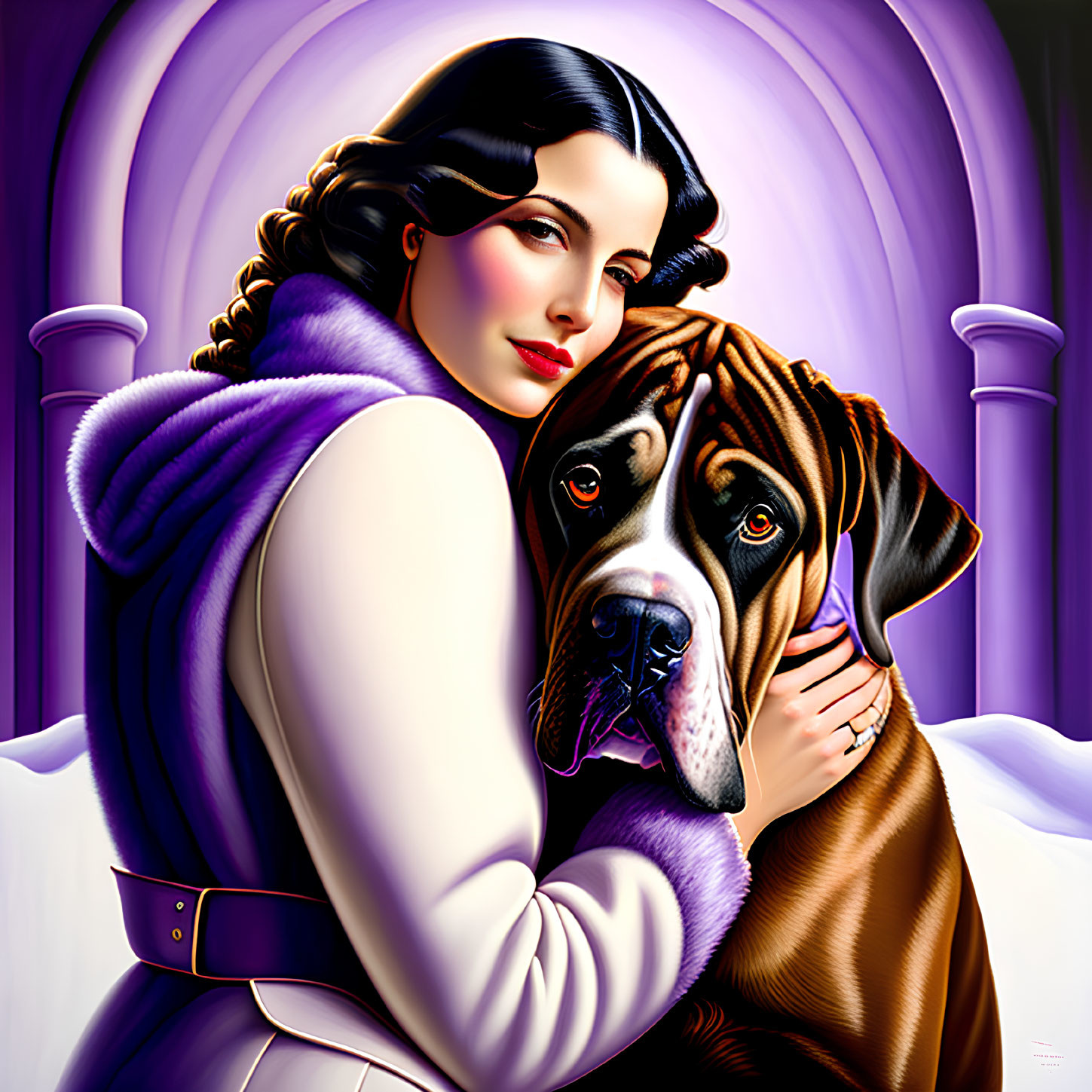 Illustration of woman with dark hair in violet outfit hugging dog under purple arch.