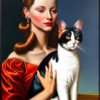 Stylized portrait of woman with vintage hairstyle, wearing red with black and white cat