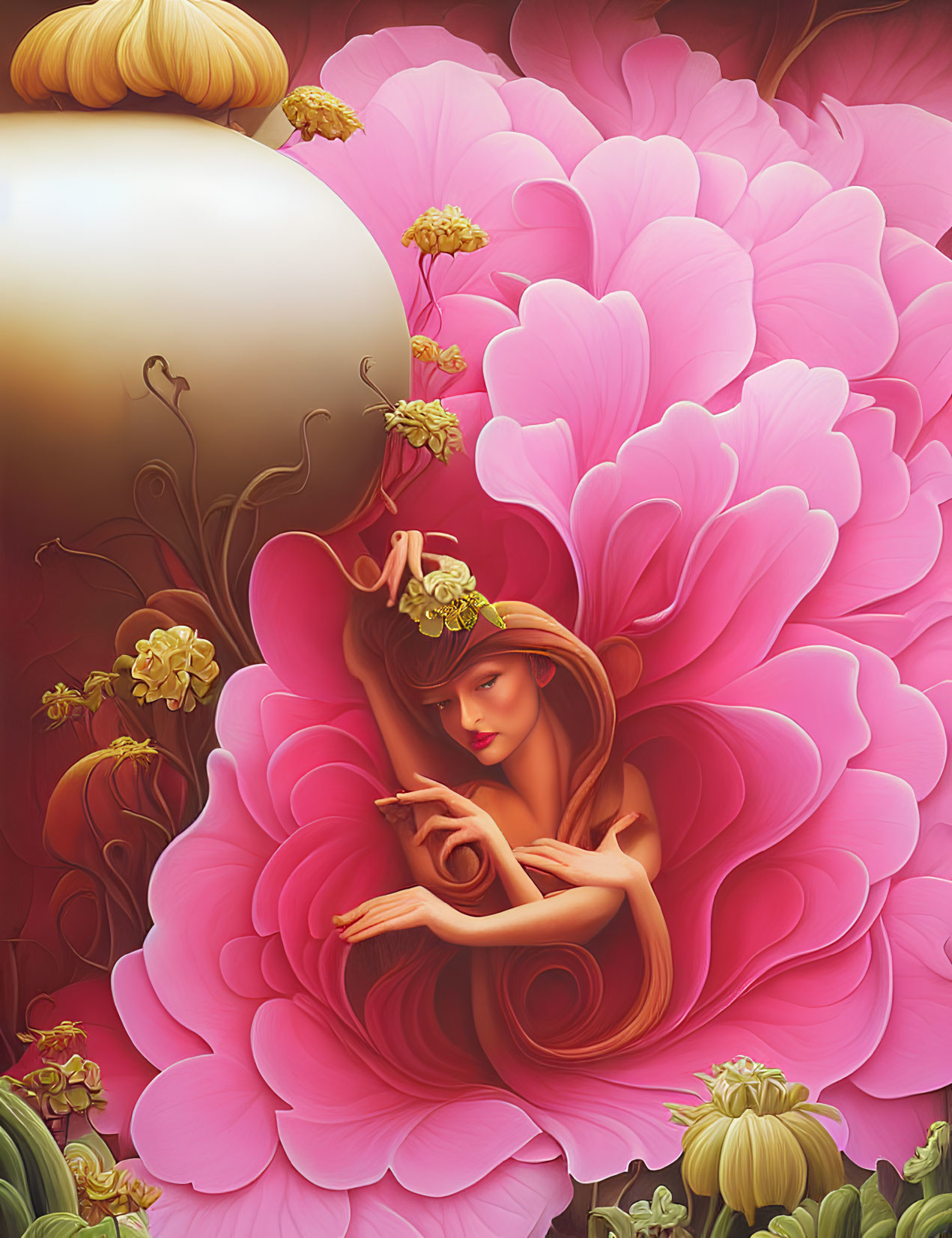 Stylized woman with flowing hair in vibrant pink floral background