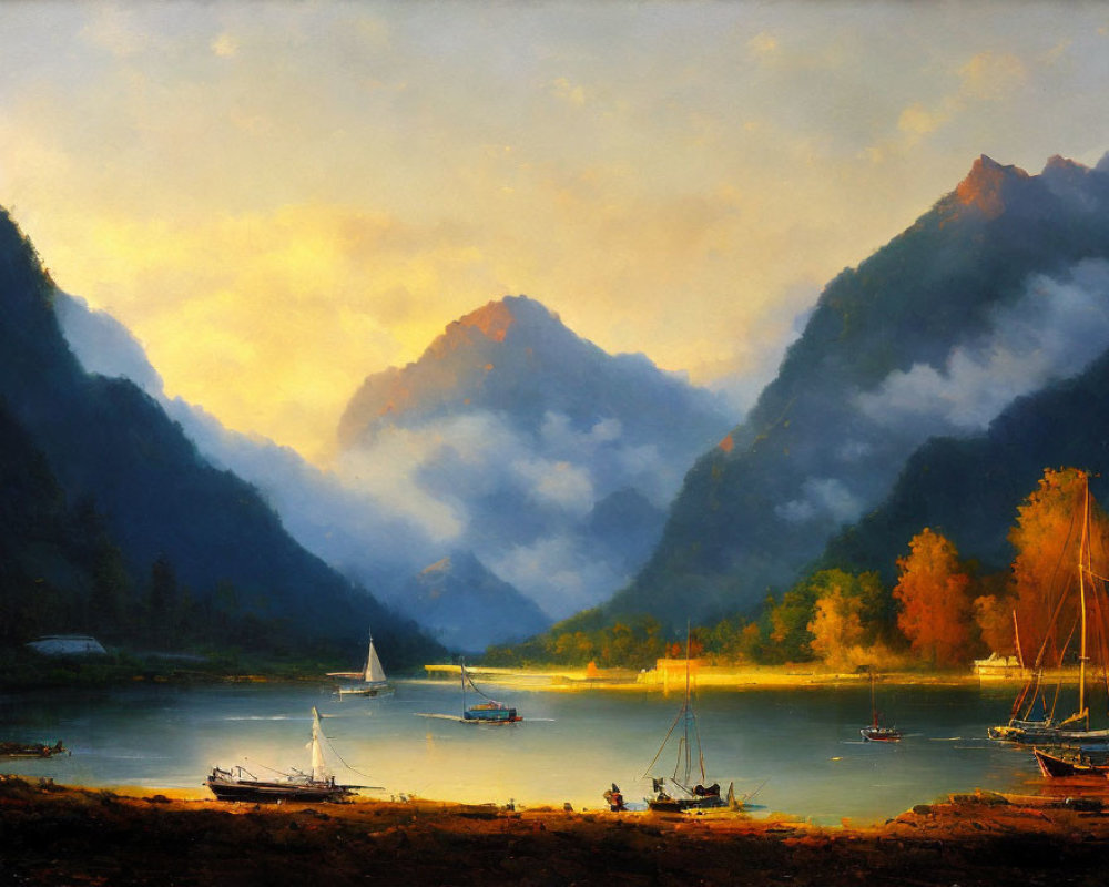 Tranquil lake landscape with mountains and boats
