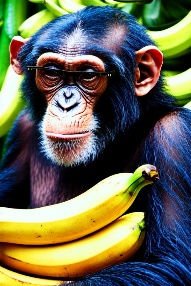Chimpanzee with glasses surrounded by yellow bananas on colorful backdrop