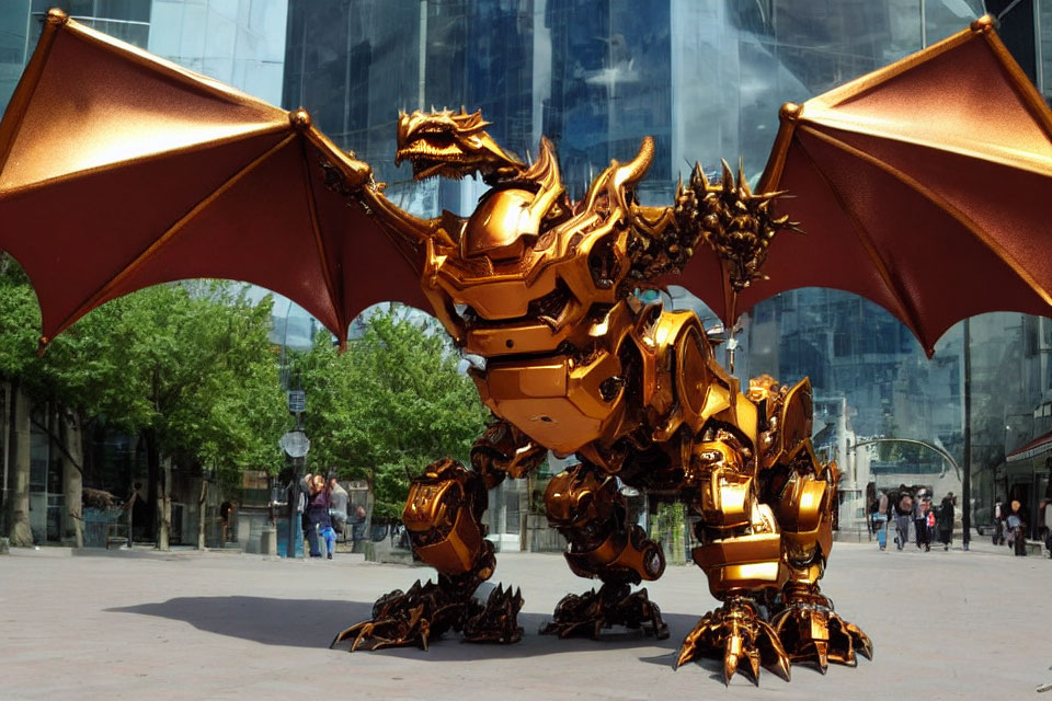 Golden dragon sculpture with extended wings in urban square next to modern building