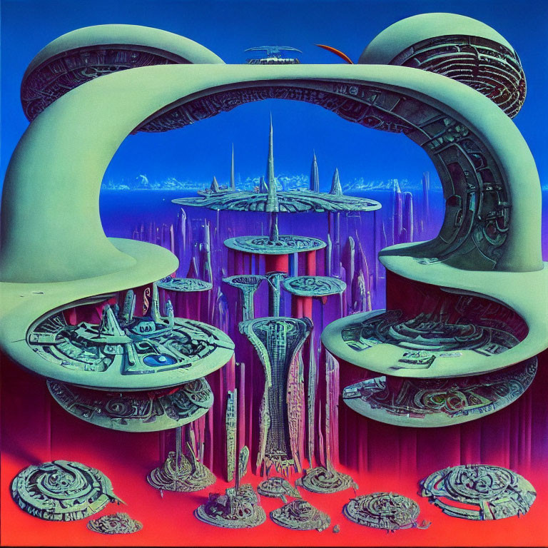 Sci-fi Alien City with Towering Spires and Disc-Shaped Structures