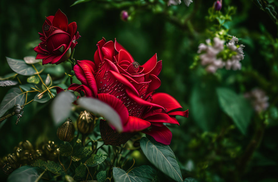Bright red roses stand out against lush greenery with soft white and purple flowers blurred.