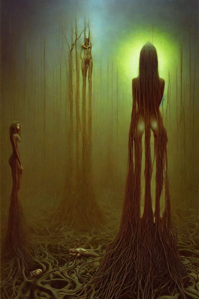 Mystical forest scene with humanoid trees and eerie lighting