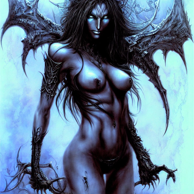Fantasy artwork of nude female figure with dark wings and claw-like appendages in blueish tones