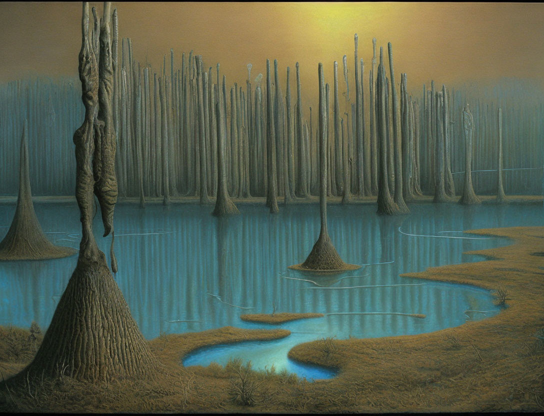 Barren Trees Reflecting in Still Water at Dusk