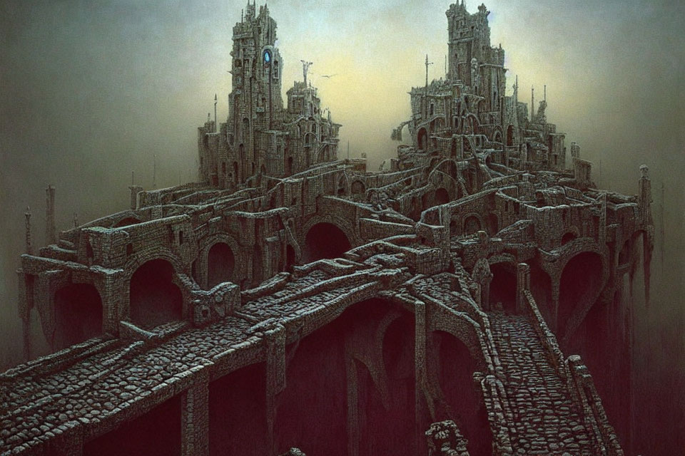 Gothic-style castle with tall towers and arched bridges in eerie setting
