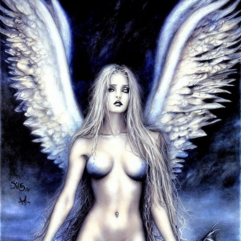 Blonde woman with angelic wings on dark blue background