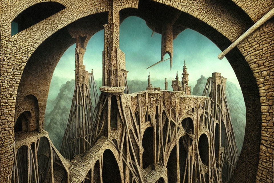 Surreal artwork of arches and staircases in a fantastical structure