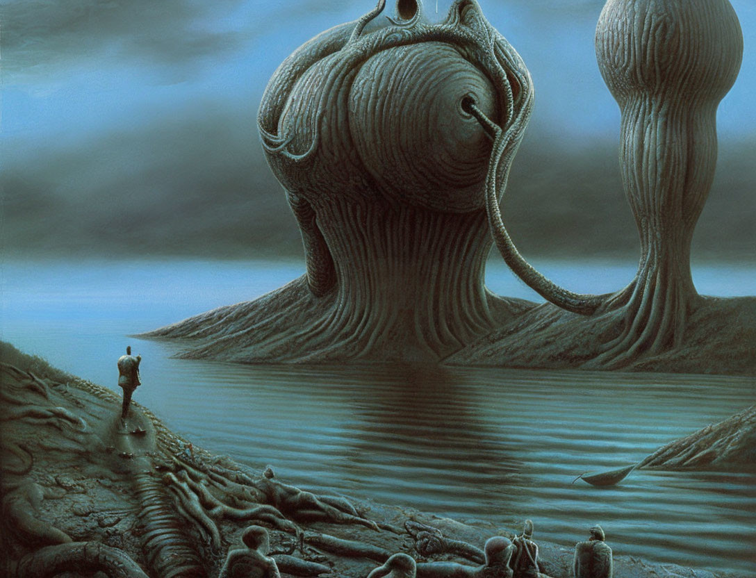 Surreal landscape with alien structures and solitary figure on bone-strewn shore