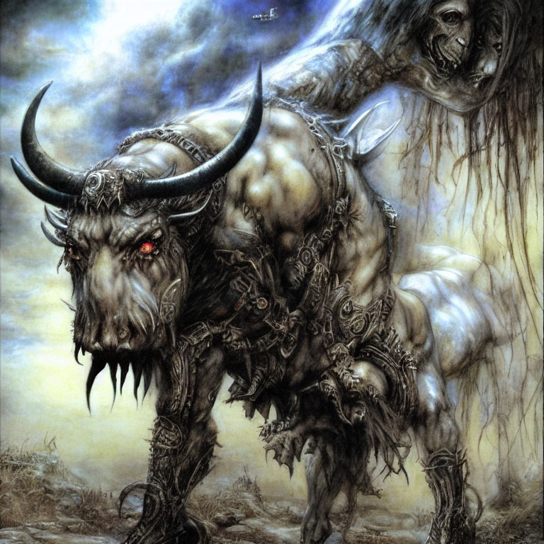 Fantasy creature with horns and red eyes in armor, with spectral figure in gloomy landscape
