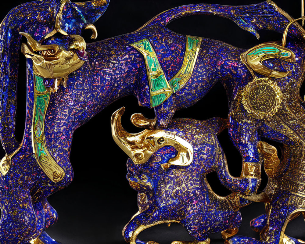 Intricate Golden Sculpture with Lapis Lazuli Inlay of Stylized Bulls