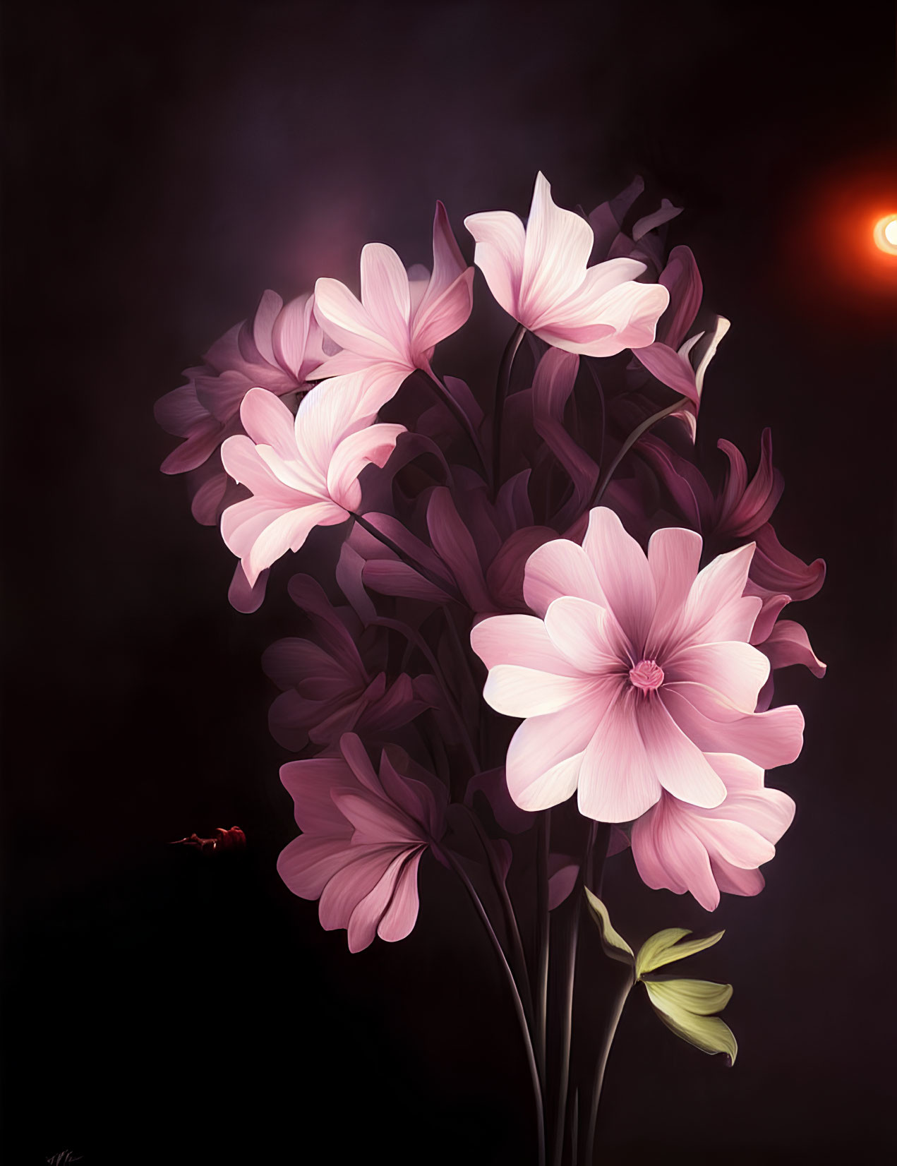 Vibrant pink flowers on dark background with glowing red spot and flying insect